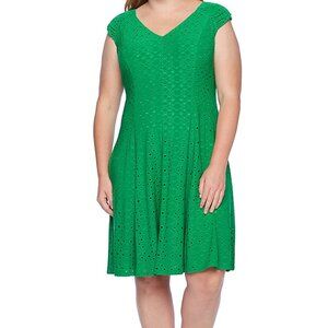 London Times Green Sleeveless Eyelet Fit Flare Dress, size 14W